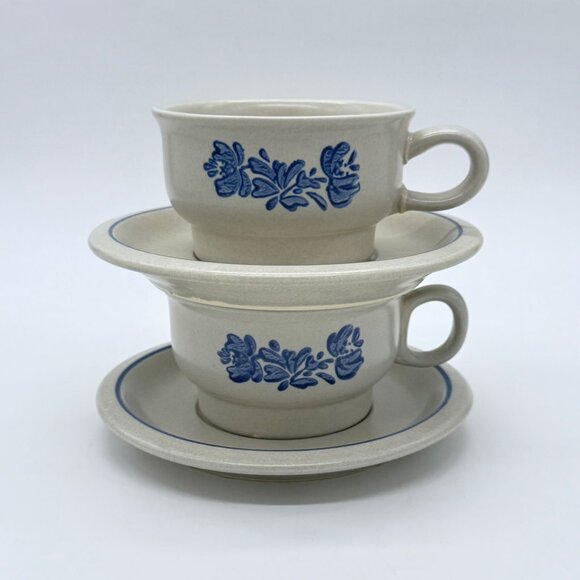 Pfaltzgraff Yorktown Vintage Blue & White Stoneware Tea Cup & Saucer Set Of 2 - Picture 2 of 4